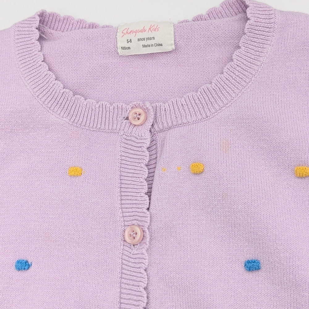 Girls Pastel Mauve Cardigan Sweater w/Colorful Raised Squares And Scalloped Hems - Picture 7 of 16